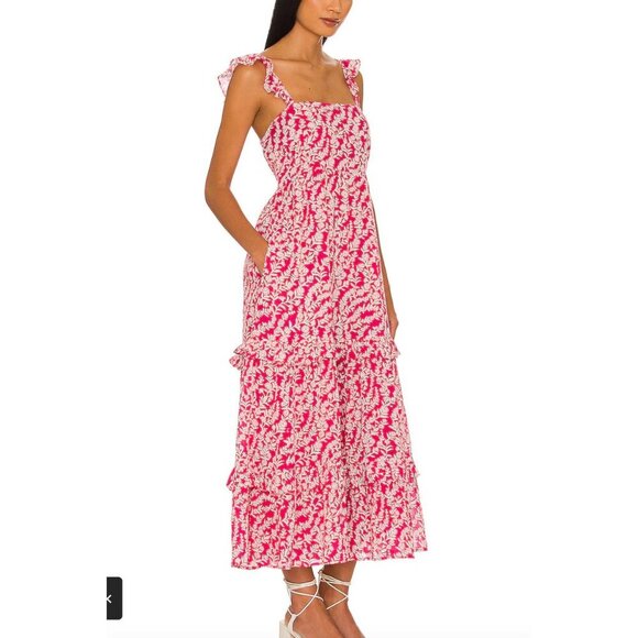 Banjanan Penelope Dress in Shadow Bloom Paradise Pink Tiered Midi Floral Large - Picture 1 of 13